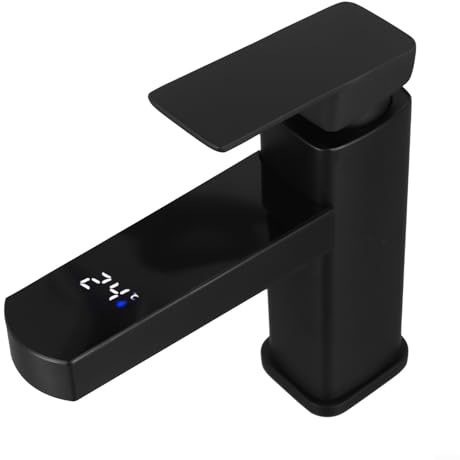 URPIZY Grifo inteligente con indicador digital de temperatura de acero inoxidable, grifo mezclador para lavabo con control de agua caliente y fría, diseño compacto y elegante (negro)