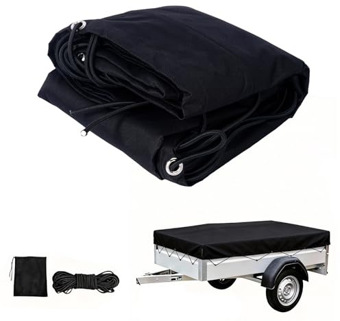 Telone per rimorchio di alta qualità, 258 x 136 cm (bordo 10 cm), tessuto Oxford 600D, colore nero, extra resistente agli strappi e impermeabile, con corda espandibile e angoli rinforzati, robusto