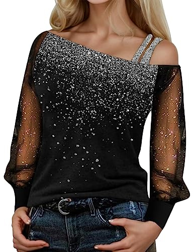 Nuqqichongtian Bluse Eleganti da Cerimonia Paillettes Argento Pizzo Camicetta Maglia in Pizzo con Paillettes Discoteca Manica Lunga Nera Sottogiacca sotto Giacca