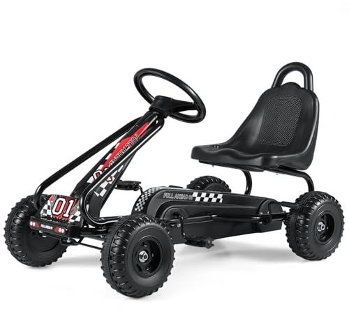 COSTWAY Gokart med Justerbar Sits, Gokart med Handbroms, Pedalbil för Barn från 3 År, Barnfordon med Halkfria Hjul och Belastning Upp Till 30 kg, Svart