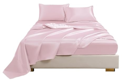 Satinbäddset Satinlakan, Queen size-sängset, silkeslen säng 4 delar, 1 lakan med djup ficka + platt + 2 örngott (rosa, dubbel)