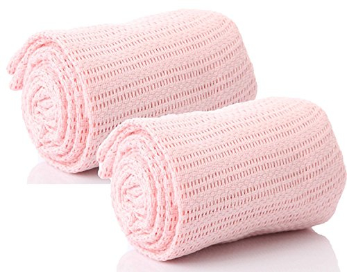 RSW Pair of 100% Pure Cotton Cellular Baby Blanket for Pram Cot Bed Moses Basket Crib in Blue Pink or White (2 x Pink)