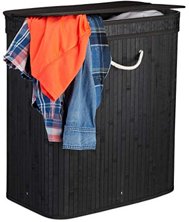 Relaxdays Lidded Laundry Hamper, 2 Compartments, Partitioned Bag, Ventilated, 72 Litres, Bamboo Basket, Black