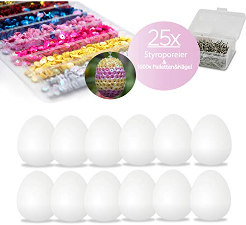 24x Ostereier aus Styropor in Premium Qualität mit den Maßen 6 x 4,5cm | inklusive bunten Pailetten und Stecknadeln | hochwertig verarbeitete Eier | Dekoration Deko | Osterdekoration zum verzieren