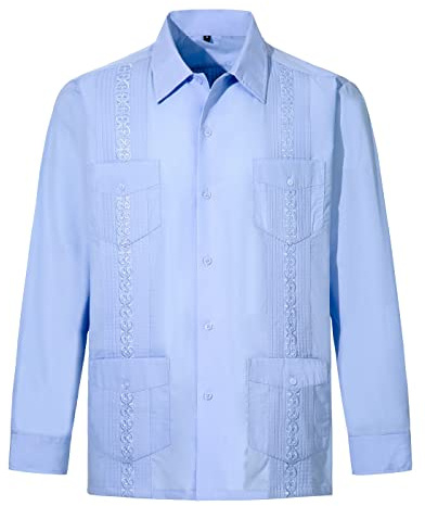 Camisas Guayabera de manga larga para hombre Camisas cubanas, azul claro, Large