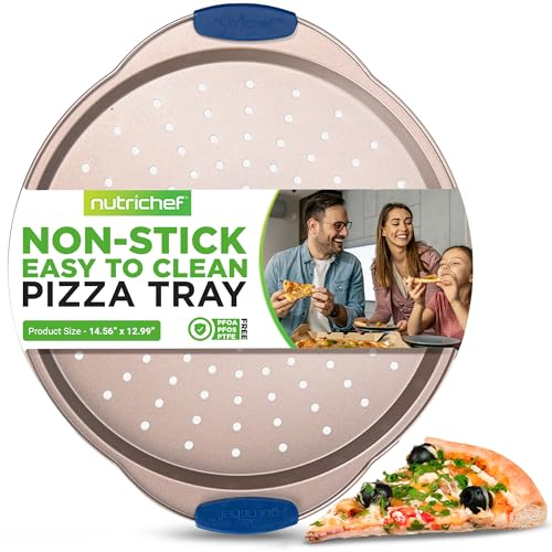 NutriChef Teglia per Pizza Antiaderente da 33 cm, Teglia Forno Rotonda in Acciaio al Carbonio con Fori Perforati con Manici in Silicone Antiscivolo, Lavabile in Lavastoviglie, Oro Champagne