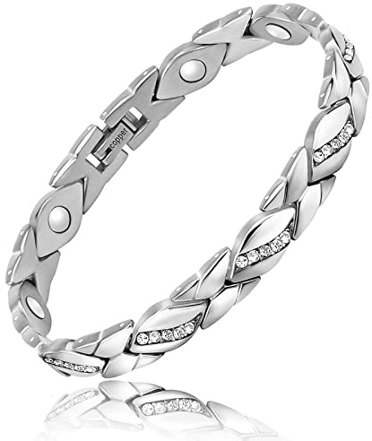 Reaowazo Copper Bracelets for Women Pure Magnetic Bracelets for Women Crystal Link Christmas Jewelry Gift 3500 Gauss Adjust Tool (Silver)