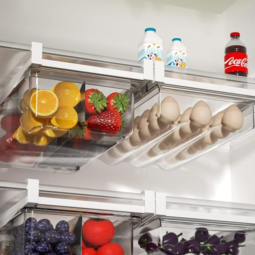 Yilingchild 2er-Pack eier aufbewahrung Kühlschrank-Schubladenorganizer, transparente Kühlschrank-Organizer-Behälter und Eierhalter, passend für Kühlschrankregale unter 0,6 Zoll