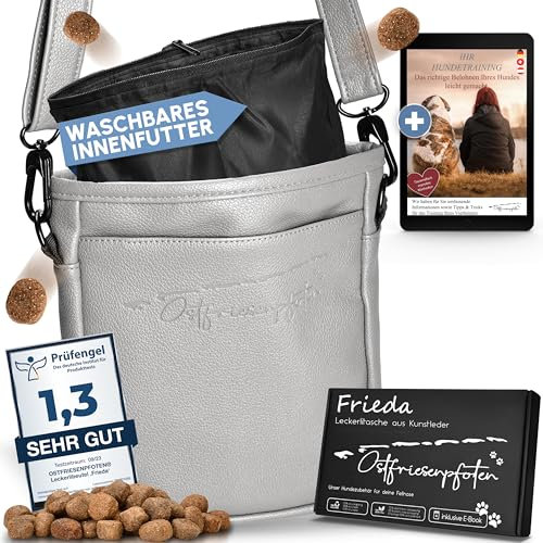 Ostfriesenpfoten® Leckerlibeutel 'Frieda' für Hunde aus hochwertigem Kunstleder - Grau Größe L - Futterbeutel mit EasyOpen Einhandmagnetverschluss - Gassitasche für Hunde-Leckerli
