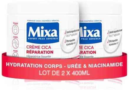 Mixa Expert Peau Sensible - Crème Cica Réparation - Réparation Effet Longue Durée - Peaux Très Sèches et Rugueuses - Visage, Corps, Mains - Hypoallergénique - 400ml - Lot de 2