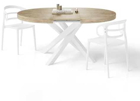 MOBILI FIVER, Table Ronde Extensible Emma, 120-160 cm, Chêne Naturel, avec Pieds Blancs croisés, pour 4-6 Personnes, Table Extensible pour Cuisine, Salon, Made in Italy