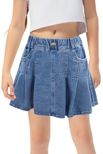 FEOYA Flicka denim kjol sommar jeanskjol vintage veckad kjol säckig byxkjol andas sommarkjol elastisk linning flickkjol lediga kjolar mjuk kjol tonåring kort med fickor 120–170, Mörkblå, 160