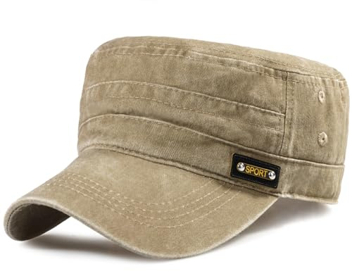 MESU Gorras militares unisex de algodón lavado, gorras de cadete del ejército, gorra vintage de parte superior plana, A Beige., Talla única