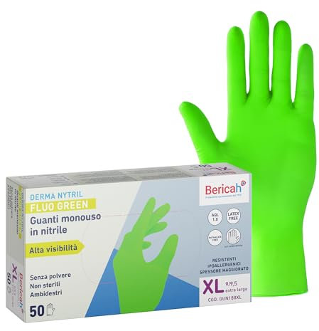 Bericah, Derma Nytril Fluo Green, Taglia XL, Guanti Monouso in Nitrile, Senza Polvere, Colore Verde Fluo ad ALTA VISIBILITA', 1 box da 50 guanti