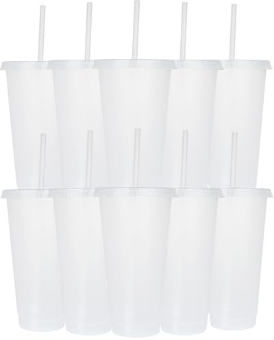 Yisituo Lot de 10 gobelets réutilisables en plastique de 700 ml avec couvercle et paille, gobelets de voyage pour adultes et enfants, fête, plage, réunions à la piscine (transparent)