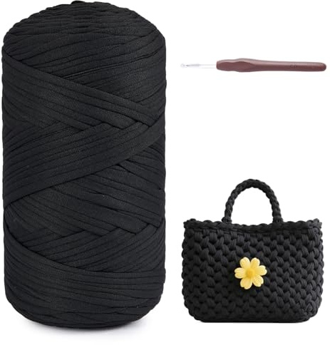 T-tröja, virkgarn, 400 g, t-shirt-garn med 6 mm krok, tjockt polyestergarn för nybörjare, virkpåsar, korgar, mattor, vävning, heminredning, hantverk (svart)
