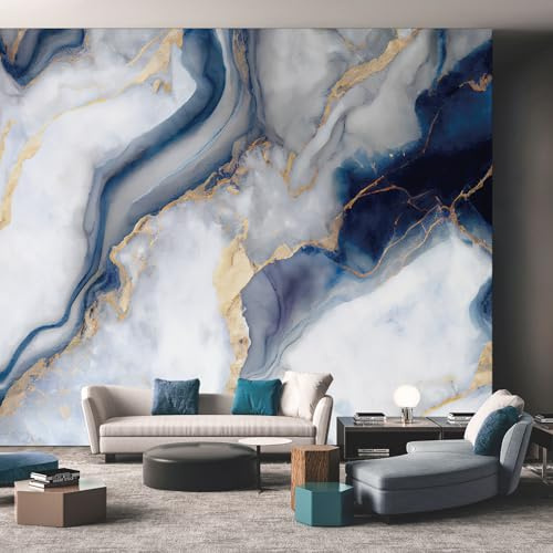 Wallpaper 350cmx256cm - Marble - Murals - Wall - Mural - Art Photo - 3D - Abstract Blue Gold - Photo Wallpaper - Room Decoration Poster