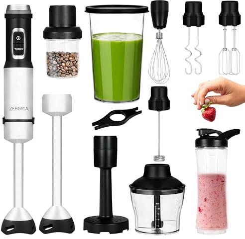 ZEEGMA HANDY NUTTIG Batidora de Mano Multifunción 11 en 1 Potencia 1500 W Kit de Accesorios: Batidos Puré Picadora Molinillo Bidón Varilla Ganchos para Masa Espumador de Leche, Batidora
