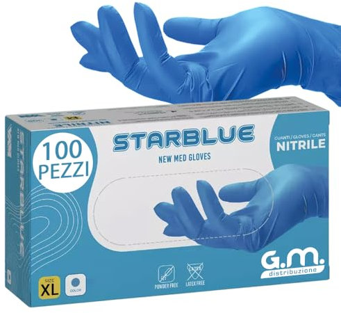G.M. DISTRIBUZIONE GM 100 Guanti Nitrile Blu XL senza polvere, senza lattice, ipoallergenici, Guanti Monouso Nitrile per Ospedali, Estetisti, Case di Cura e Pulizia della Casa