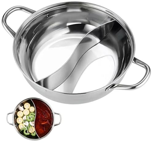 Pentola calda in acciaio inossidabile con divisore, pentola da cucina a hotpot da 11 pollici con doppia maniglia, shabu shabu, hotpot facile pulito per la stufa a gas per cuocir induzione, acciaio