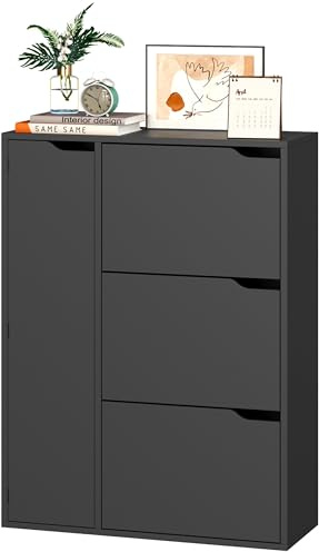 IRONCK Shoe Storage Cabinet Cupboard, 3 Flip Drawers, Shoe Rack Cabinet Hallway with Boot Cabinet, Free Standing Wooden Shoe Storage Organiser Unit, Entryway Living Room Furniture, 77x30x112cm (Black)