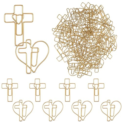 Resurhang 50 Pcs Gold Heart Cross Paper Clips for Bible Study Supplies Christian Gifts Jesus Bible Items Bookmark Church Office Journal Supplies Accessories for Women Wedding Cards Invitations