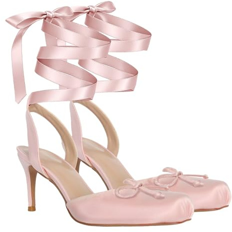 Agodor Satin Ballet Heels for Women, Lace Up Ballet Pumps with Bow,Square Toe High Slingback Heel Strappy Elegant Dress Stiletto Mary Jane Ballerina Shoes for Party and Wedding, Pink, 5.5 UK