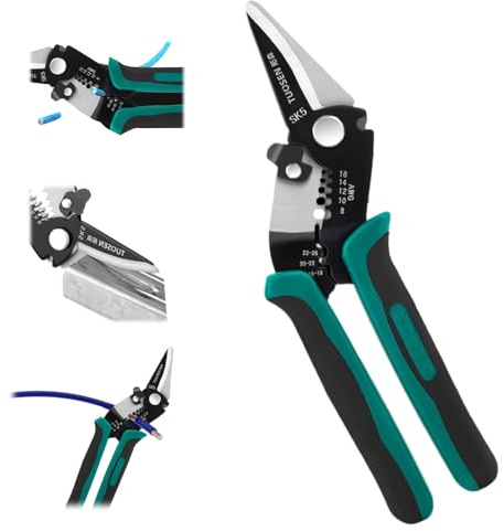 Tin Snips, 8 Inch Metal Cutter with Safty Lock, Metal Snips with Stripable Wire for Aluminium, Leather, Rubber, Metal and More, Wire Cutting Scissors