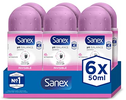 Sanex Dermo Invisible Roll-On Antiperspirant 6x50ml - antiperspirant deodorant - up to 48-hour sweat and odour protection - anti-stain protection - restores skin’s natural pH - dermatologically tested