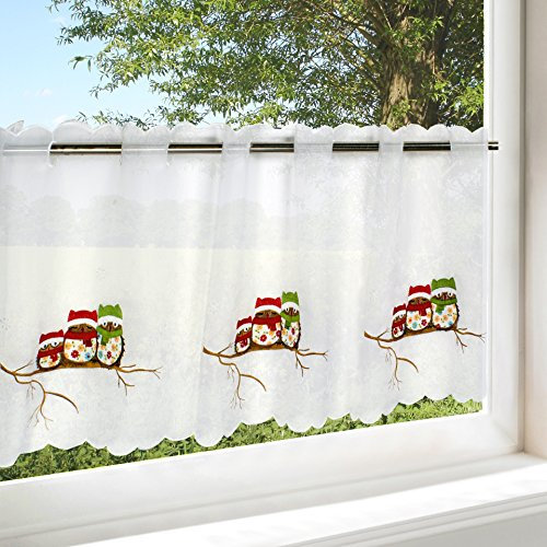 KAMACA Bistrogardine Hochwertige weiße Voile Küchengardine mit liebevoll gestickten Eulen Scheibengardine Fensterdekoration Küche Esszimmer Wohnraum Herbst und Winter (Vergnügte Eulen 45x115cm)