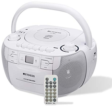 Retekess TR621 CD and Cassette Player Combo, Boombox CD Player for Home, AM/FM, Tape Recording, TF/USB Drive, AC or D Battery Powered, Headphone Jack, Stereo Sound (White)