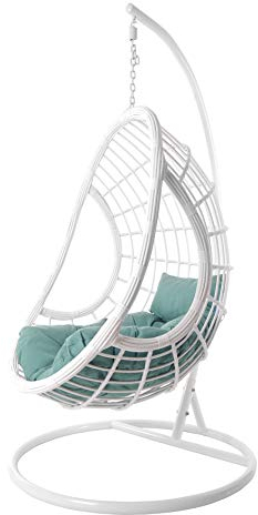 KIDEO® Juego completo: sillón colgante con cojín, sillón de mimbre, muebles de salón (estructura y cesta: blanco, cojín: Chesterstepp turquesa (5060 Ocean))