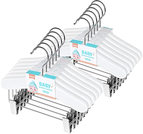 Kleiderbügel aus Holz mit Klammern für Babys, 12 Stück, für Kinder, aus Holz, mit verschiebbaren Klammern, 25 cm, klassisch und robust, hochwertig, weiß, für Kleidung mit um 360 ° drehbaren Heringen
