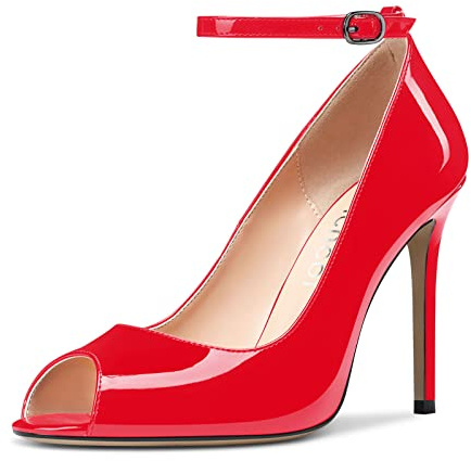Aachcol Femmes Lanières Cheville Escarpins Aiguille Haut High Talon Heel Ouvert Rond Bout 10 CM Rouge Vernis 43 EU