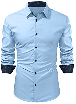 Meilicloth Hemden Herren Langarm Businesshemden Freizeithemden für Herren Slim Fit Unifarben Elastiscer Herrenhemden Casual Klassischer Kragen Button Down Blaues Smoking Frackhemden Männer