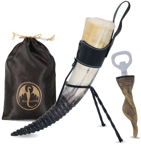 OLDEMPEROR Viking Drinking Horn -with Leather Holster + Stand + Opener |Handmade Beer Cup |Food Grade |Genuine Ox Horn |Natural Shine Finish |LARP |Viking Chirstmas Gifts for men