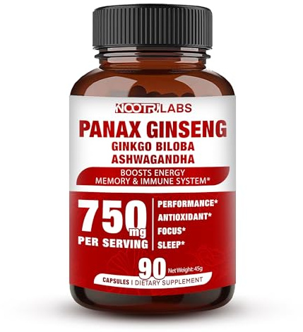 Korean Red Panax Ginseng 750mg Highest Potency with Ginkgo Biloba and Ashwagandha, Boost Energy, Memory, and Immune System - Focus Supplement Pills for Men and Women, 90 Vegan Capsules