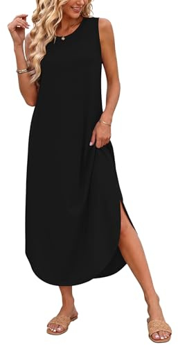 AUSELILY Vestito Lungo Donna Estivo Vestito da Spiaggia Mare Abito T-Shirt Donna Lungo Maxi con Spacco Laterale e Tasche Nero M