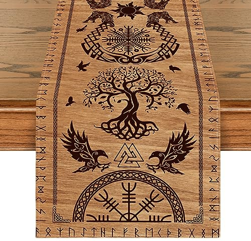 Artoid Mode - Camino de mesa con diseño de árbol de la vida vikingo, cuervo y yelmo del temor reverente, decoración para mesa, para interiores, fiestas y festividades, 40 x 140 cm, color: madera