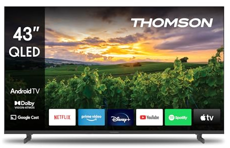 Thomson 43 Zoll (109 cm) QLED Smart Android TV, Google Assistant, Wi-Fi, Dolby Digital, Bluetooth, Triple-Tuner (Kabel/Satellit/Antenne), HDMI, CI+, A+ Panel – 43QA2S13