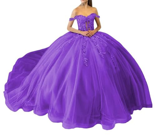 Glittriga Quinceanera-klänningar med paljetter spets av axel festkläder med tåg prinsessa puffig tyllbalklänning, Lila, 38 SE