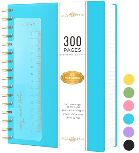NIRMIRO Taccuino A5, quaderni a spirale per scrivere, 300 pagine, blocco note con rilegatura metallica, copertina rigida, carta rigata spessa da 100 g/m², copertina in PVC, blocchi per appunti per