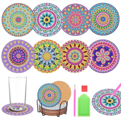 8 PCS Mandala Coasters Set with Holder, DIY Diamond Art Coasters, Round Full Drill Craft Supplies for Beginners Adults Kids Gifts