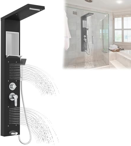 YRHome Panel de ducha 5 en 1, sistema de ducha de acero inoxidable, grifo de ducha de lluvia con función de lluvia, compartimento de almacenamiento, cabezal de ducha doble en uno, ducha de mano