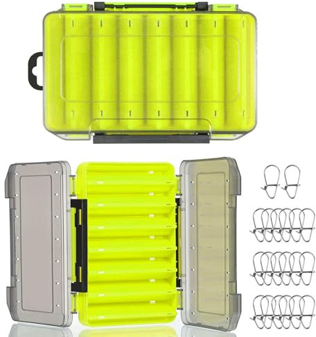 Laitejituan Doppelseitig Köderbox Angeln mit Fishing Karabiner, 27 x 19 x 4,5 cm Kunststoff Angelzubehör Köderbox, Seefischerei Wobbler Box, Köder Aufbewahrungsbox, 14 Fächer Angelboxen für Zubehör