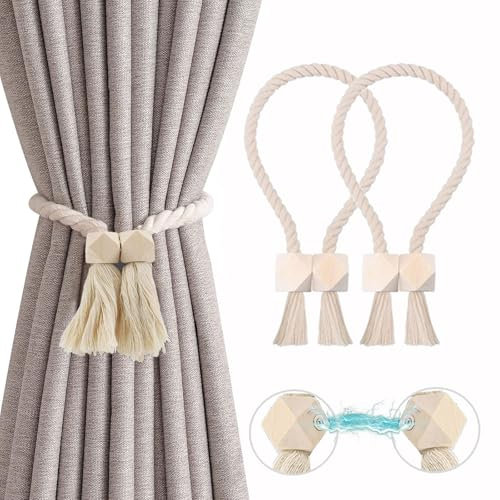 2 Stück Magnetische Vorhang Raffhalter, Gardinenhalter Raffhalter aus Holz Boho, Handgewebt Gardinen Raffhalter, Vorhanghalter, Raffhalter Magnetisch, Baumwollseil für Home Büro Gardinen Deko (Beige)