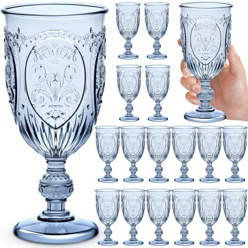 Wiwiqing 18 Pack Plastic Goblets 10oz Upgrade Vintage Water Goblet Plastic Wine Glasses Colored Retro Embossed Glassware for Party Wine Bar Juice Baby Shower Wedding Reception Grand (Blue)