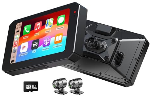 YolanAuto 5 Pulgadas Carplay Moto con CarPlay y Android Auto, GPS Integrado, IP68 Resistente al Agua, Cámaras Delantera/Trasera, Tarjeta TF 64G Siri/Google