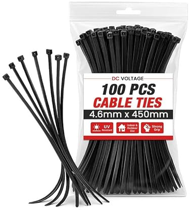 DC VOLTAGE Black 450mm x 4.6mm Cable Ties Heavy Duty 100 Pcs NylonTies, 18 Ultra Strong 25 kg / 55 lbs Tensile Strength, UV Resistant Plastic Zip Ties Extra Long Tie Wraps for Outdoor Use
