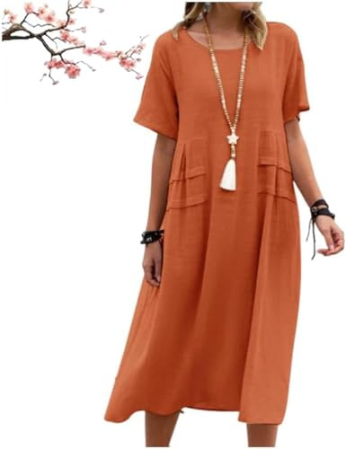 Abito Midi in Cotone e Lino con Scollo Rotondo da Donna, Abiti Estivi Midi in Cotone e Lino, Abito Casual a Maniche Corte, vestibilità Ampia e Tinta Unita (Orange,L)